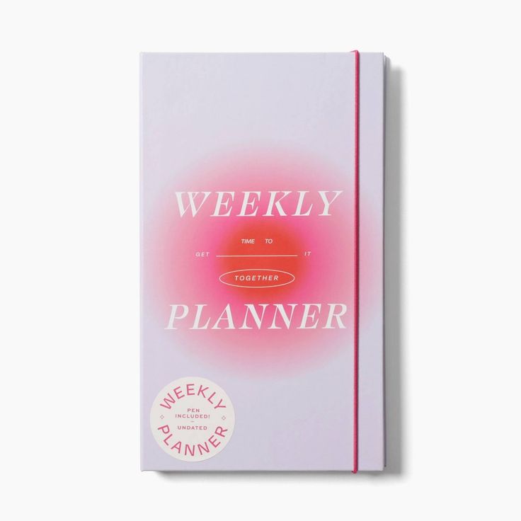 a pink book with the title weekly planner written in white and red lettering on it