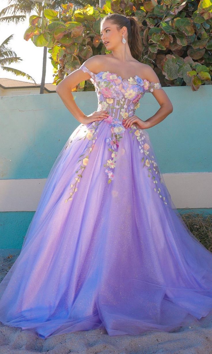 Prom Season Floral Embellished Floor-length Ball Gown, Prom Season Floral Floor-length Ball Gown, Floor-length Floral Embellished Ball Gown For Prom, Floral Ball Gown For Prom Season, Floral Applique Ball Gown Evening Dress With Fitted Bodice, Strapless Princess Ball Gown For Prom, Purple Quinceanera Dress With Fitted Bodice, Princess Style Prom Ball Gown With Sweetheart Neckline, Princess Ball Gown With Floral Applique