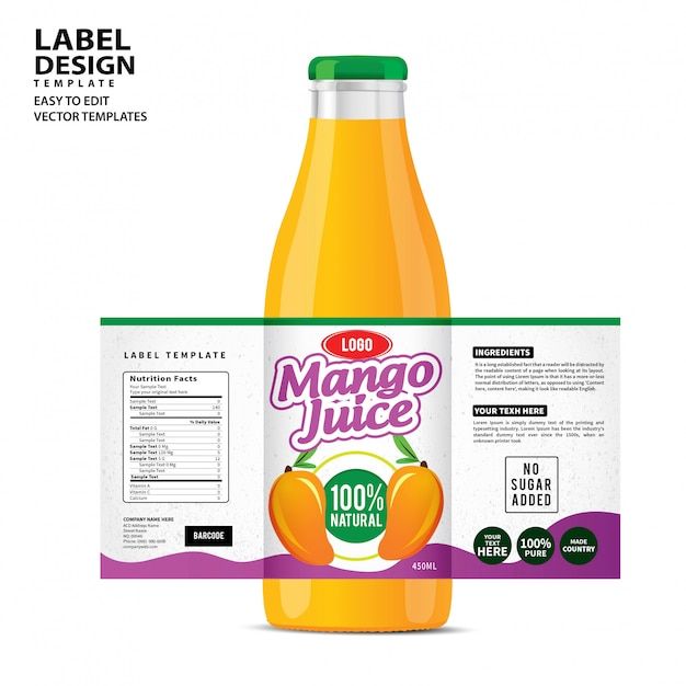 a bottle of mango juice with label on the side