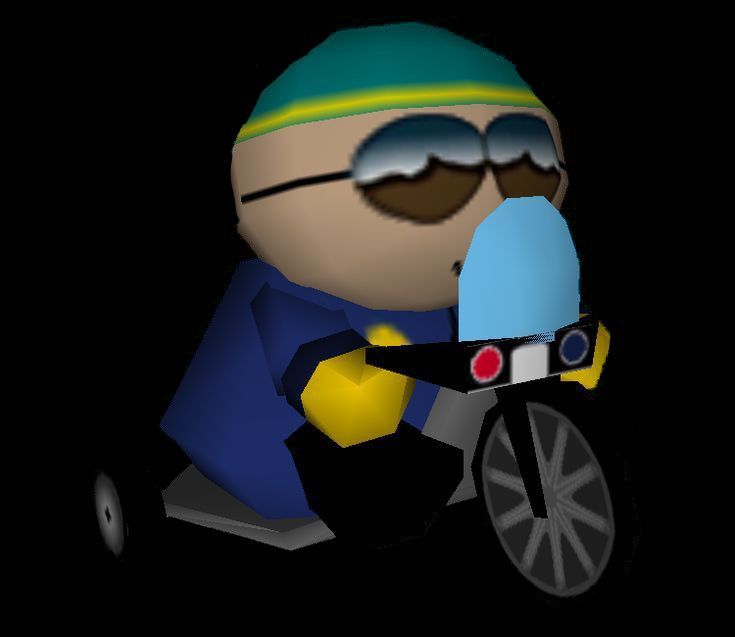 a person riding a bike in the dark with a blue hat and sunglasses on it's head