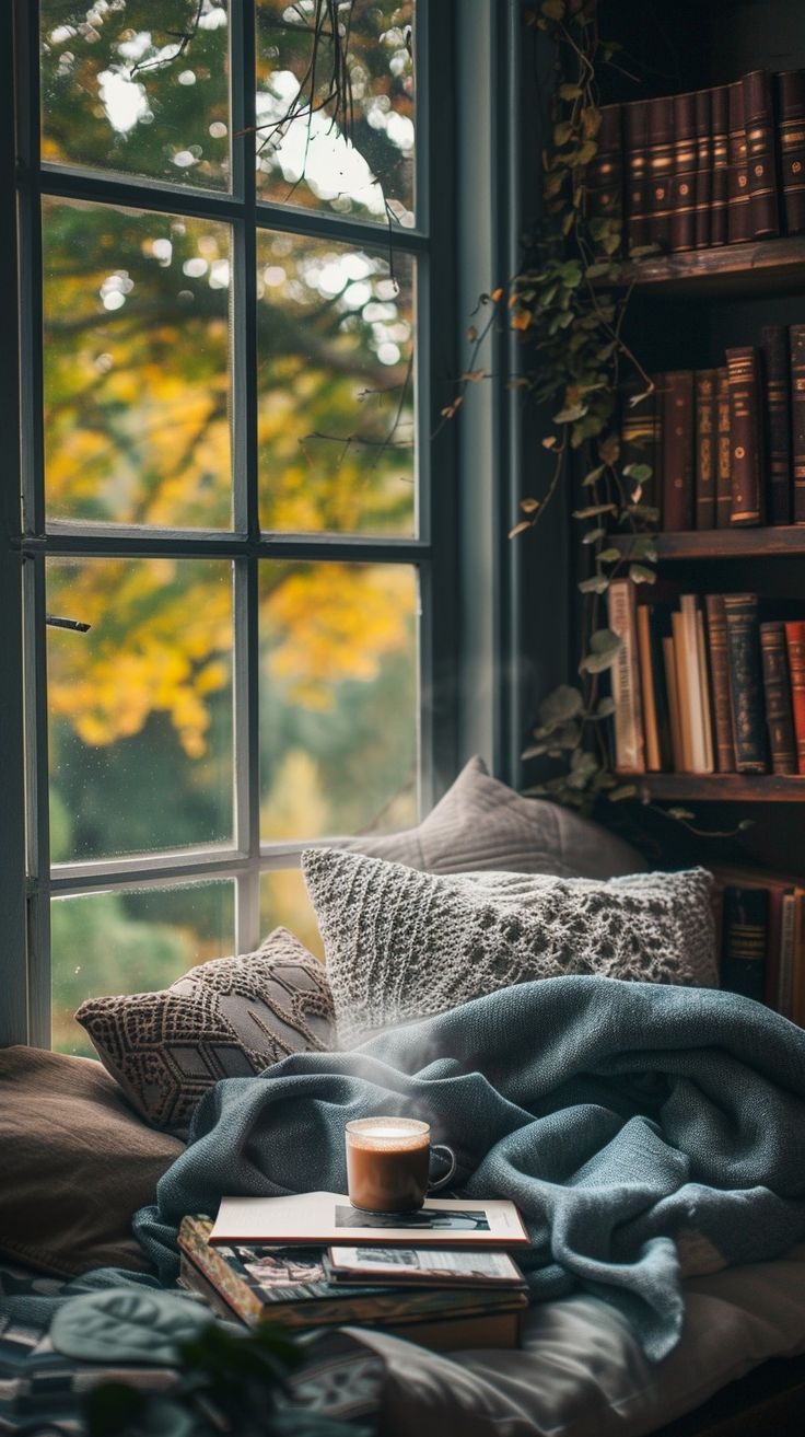 a book and cup on a bed in front of a window with bookshelves