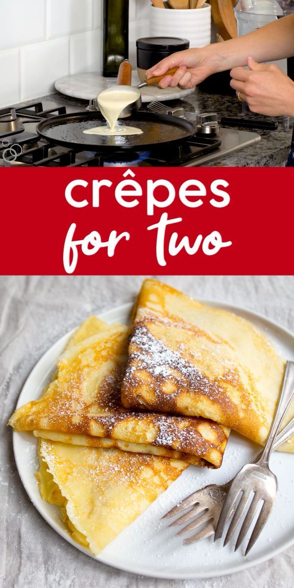 crepes for two on a plate with powdered sugar and syrup in the background