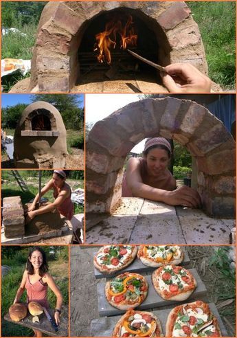 a collage of photos with pizzas cooking in an outdoor oven