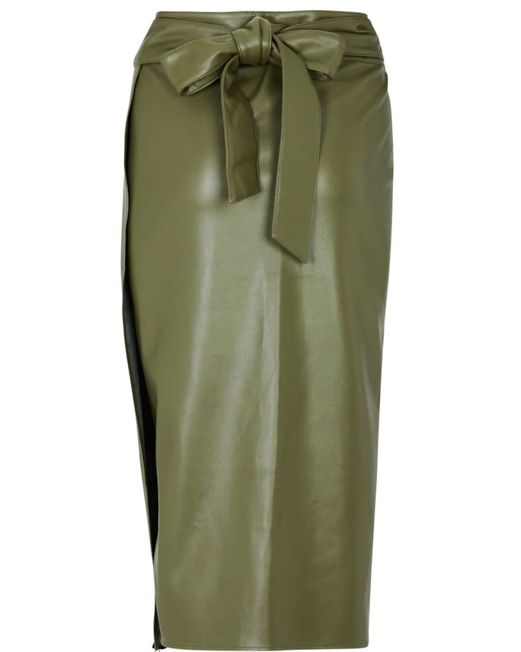 This easy-to-wear skirt will shine in your wardrobe. Pair it with a classic button-up or try a trend-forward look by tucking in your favorite graphic tee. Score a breezy look with this plus size skirt, made for getaways and weekends with style on point Never Fully Dressed Khaki Vegan Leather Jaspre Skirt | Olive Green | Skirts | Materials & Care Instructions: ['100% Polyurethane', 'Machine wash', 'Imported'] Chic Relaxed Pencil Skirt For Date Night, Chic Pencil Skirt For Date Night In Summer, Chic Pencil Skirt For Summer Date Night, Chic Midi Pencil Skirt For Date Night, Chic Belted Skirt, Chic Green Skirt For Office, Chic Knee-length Pencil Skirt For Day Out, Chic Asymmetrical Pencil Skirt For Date Night, Trendy Midi Skirt For Work