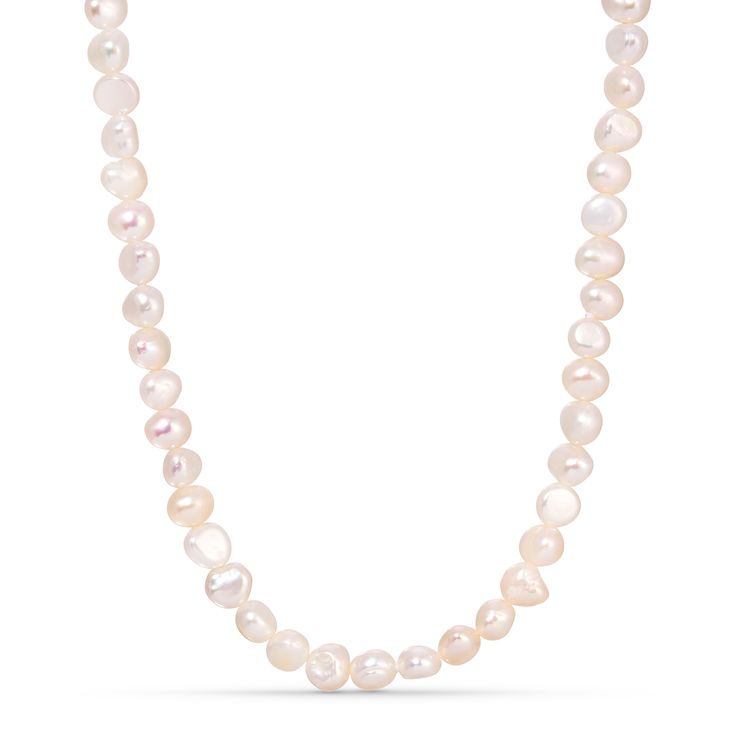 A unique and individual update to your mother's classic string of pearls, this necklace features baroque freshwater pearls that give this necklace an organic and natural beauty. If you feel like regular pearls are a little bit too dated for you, try this one out for a more modern vibe and versatile look. Classic Pearl Necklace With Baroque Pearl Chain, Classic Baroque Pearl Necklace With Pearl Chain, Classic Pearl Necklace With Polished Beads, Classic Baroque Pearl Necklace In Pearl White, Delicate Single Strand Pearl Necklaces, Classic Pear-shaped Pearl Necklace With Charm, Everyday Pearl Necklaces With Round Beads, Classic Baroque Pearl Necklace With Pearl Pendant, Pearl White Baroque Pearl Necklace With Pearl Chain