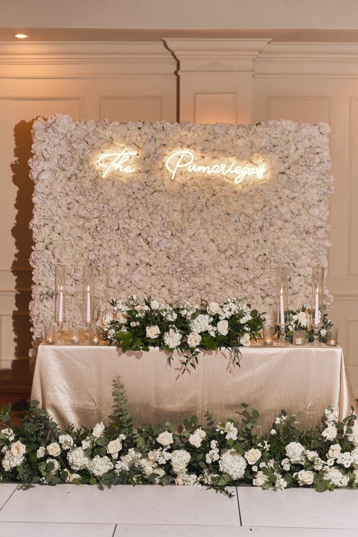 a table topped with flowers and candles under a sign that says the grandviews