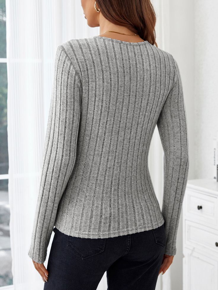 Women's Knitted Top V-Neck Lace Stripe Knitted Pullover Top Solid Ribbed V-neck Knit Top, Stretch Ribbed V-neck Sweater, Gray Ribbed V-neck Top, Gray Soft Knit V-neck Sweater, Stretch Knit Top With Ribbed Neckline, Gray Textured Knit V-neck Sweater, Gray Ribbed Sweater For Layering, Gray Textured Knit Top For Fall, Stretch Knitted Crew Neck Top