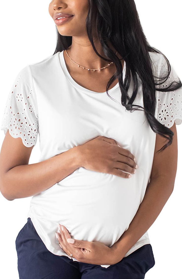 A go-to comfy pocket T-shirt is made for nursing moms and/or moms-to-be in a belly-covering cut with a doubled front panel that enables easy, discreet nursing. Scoop neck Short sleeves Chest patch pocket 95% viscose, 5% spandex Machine wash, tumble dry Imported Women's Clothing Nursing Friendly Short Sleeve Maternity T-shirt, Nursing Friendly Maternity Top With Crew Neck, Nursing Friendly Crew Neck Maternity Tops, Maternity Nursing Friendly Crew Neck Tops, Maternity Bump Friendly Short Sleeve Top, Spring Maternity Bump-friendly Tops, Maternity Wear Short Sleeve Bump Friendly Top, White Short Sleeve Tops For Maternity Wear, White Short Sleeve Maternity Wear Tops