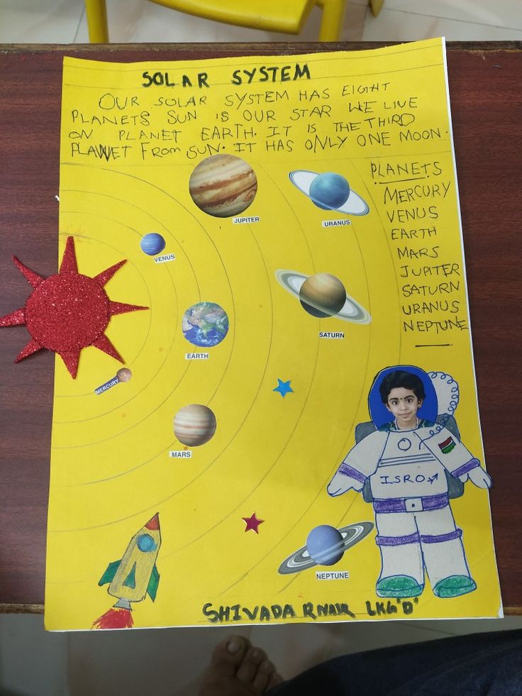 a child's hand holding up a solar system poster