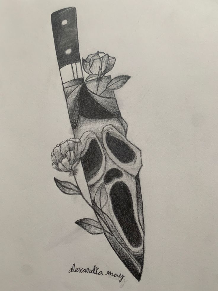 a pencil drawing of a knife with flowers on the end and an arrow sticking out of it