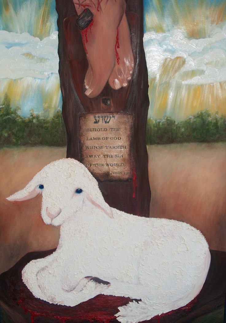 a painting of a white sheep sitting in front of a tree with a plaque on it