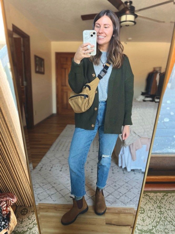 What I’ve Been Wearing Lately – Marissa Wears an Outfit 30s Fall Outfits, Ll Bean Womens Outfits, Casual Fall Layered Outfits, Fall Cozy Casual Outfits, Suburban Mom Style, Southwest Fall Outfits, Flannel Shirt Work Outfit, Striped Shirt Fall Outfit, Blundstone Office Outfit