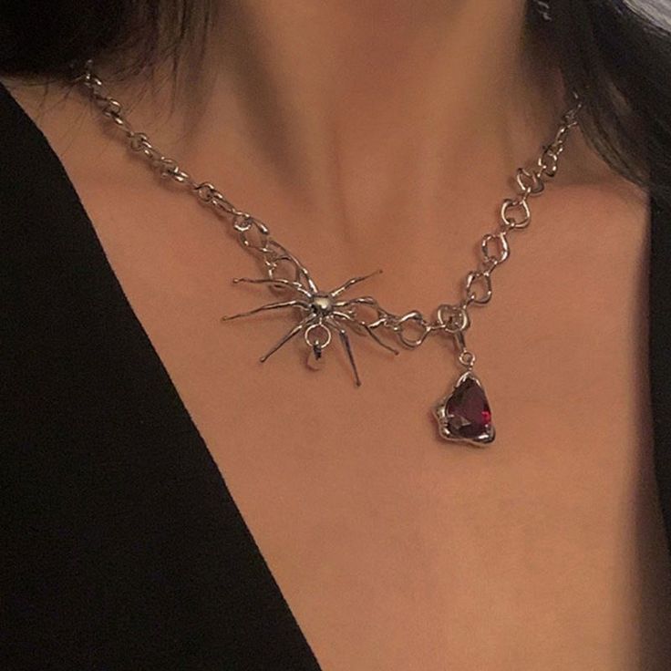 Vintage Gothic Spider Necklace BE1080 - Harajuku Kawaii Fashion Anime Clothes Fashion Store - SpreePicky Cute Long Necklace, The Love Witch Jewelry, Witch Accessories Jewelry, Red Crystal Necklace, Spider Necklace, Costume Necklace, Witch Necklace, Y2k Jewelry, Witch Jewelry