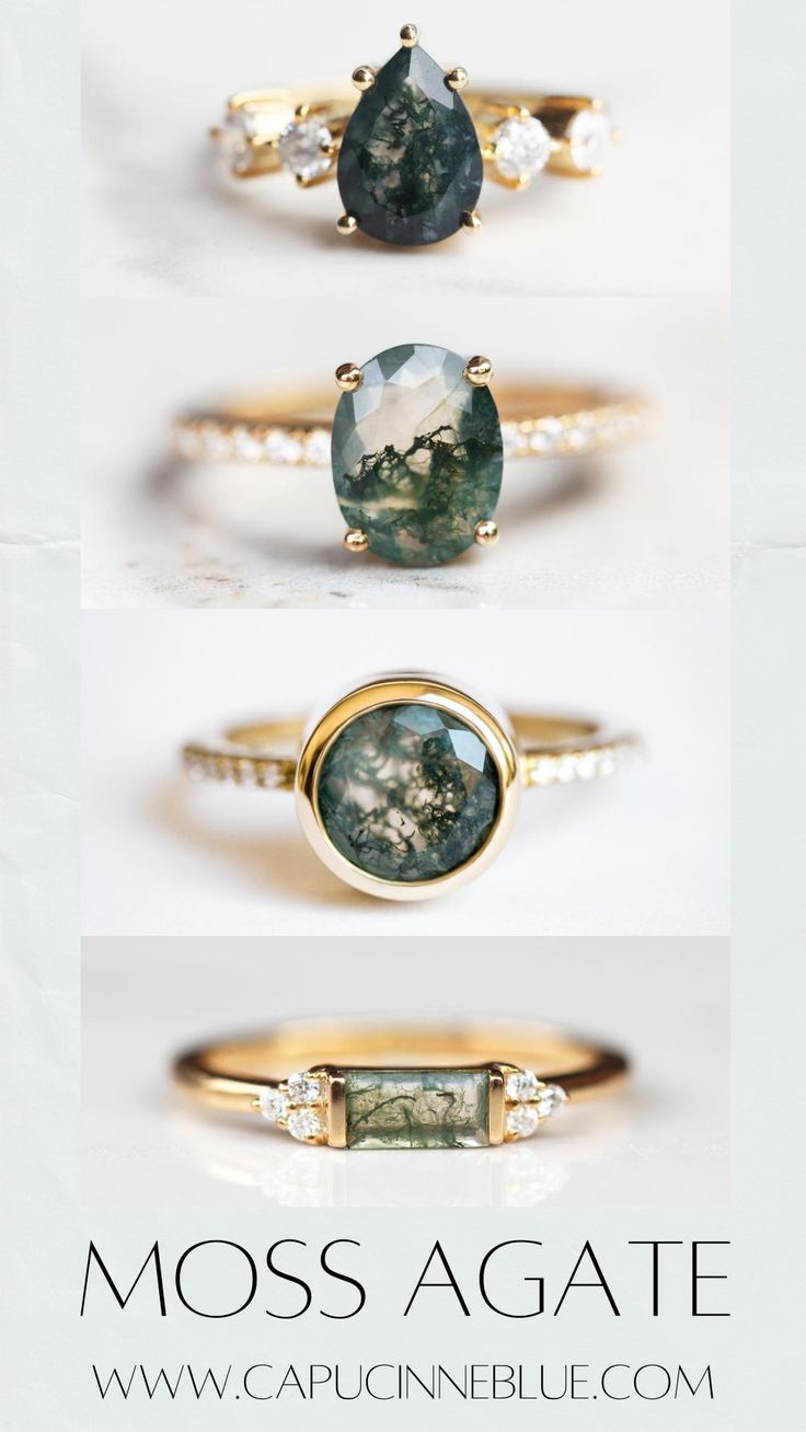 three different types of engagement rings with diamonds on each side and the words moss agate above