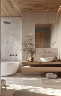 a bathroom with a tub, sink and large mirror in it's center area