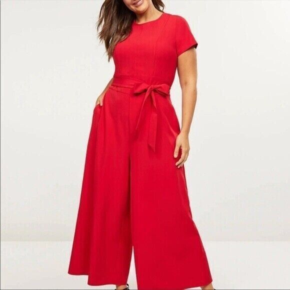 Lane Bryant Jumpsuit Womens Size 26 Wide Cropped Leg Lena Fit Red Waist Tie Total Length From Shoulder To Hem Is 57 Inches. Red Short Sleeve Jumpsuits And Rompers With Pockets, Red Jumpsuits And Rompers With Pockets, Red Solid Color Jumpsuits And Rompers For Spring, Red Solid Color Jumpsuits And Rompers For Summer, Red Jumpsuits And Rompers For Summer, Red Jumpsuits And Rompers For Summer Workwear, Fitted Red Jumpsuits And Rompers, Chic Red Short Sleeve Jumpsuits And Rompers, Red Overall Jumpsuit For Work