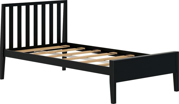 a black bed frame with wooden slats on the top and bottom sides, in front of a white background