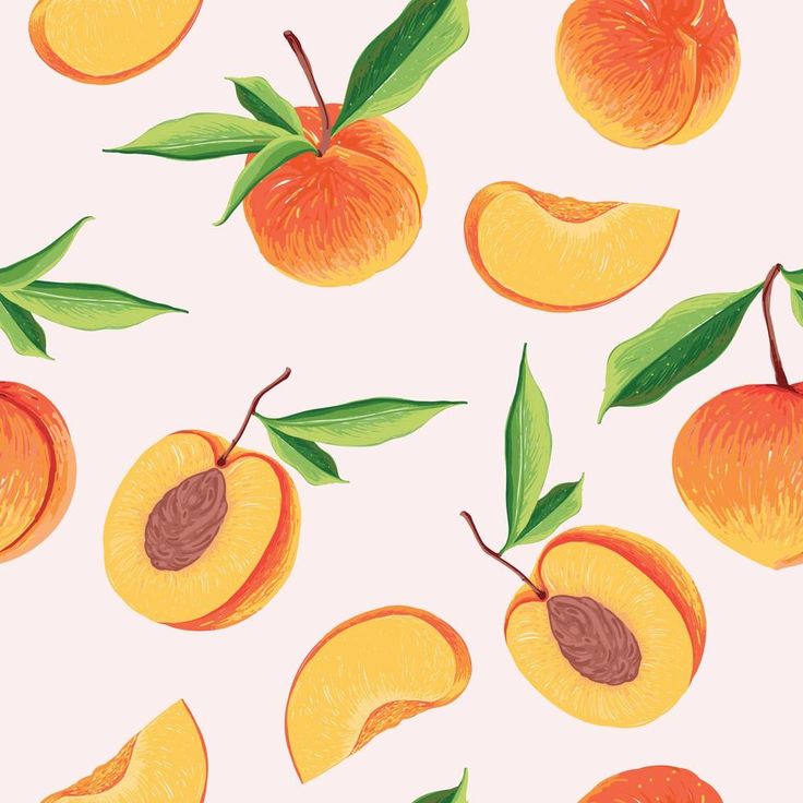 an illustration of peaches and leaves on a white background with oranges in the background