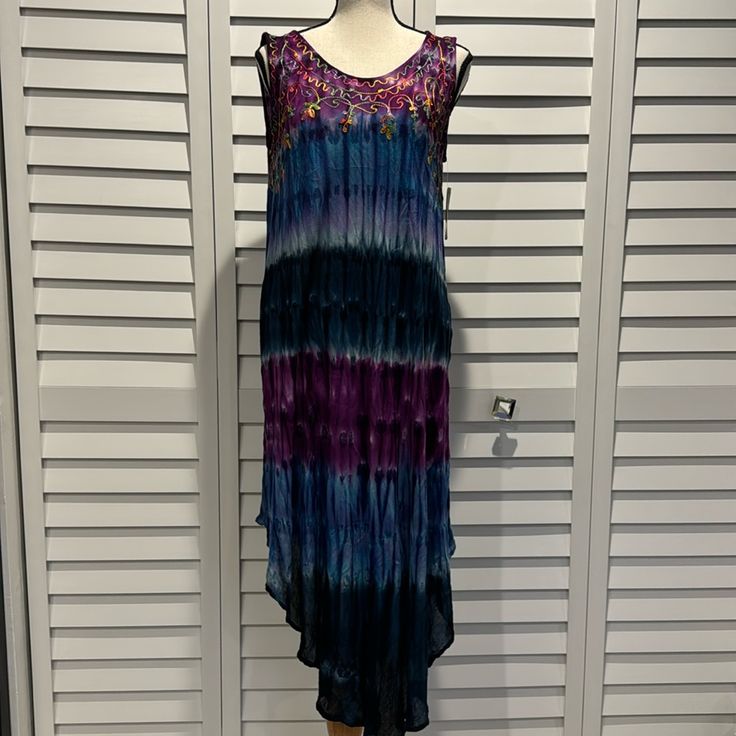 Just Love Nwt Embroidered Tie Die Dress/ Cover Up Flowy And Very Soft. Blue Sleeveless Maxi Dress With Floral Embroidery, Flowy Purple Cotton Dress, Purple Embroidered Bohemian Dress, Embroidered Purple Maxi Dress, Purple Embroidered Maxi Length Dress, Purple Embroidered Cotton Dress, Purple Cotton Embroidered Dress, Casual Purple Festival Dress, Purple Sleeveless Festival Maxi Dress