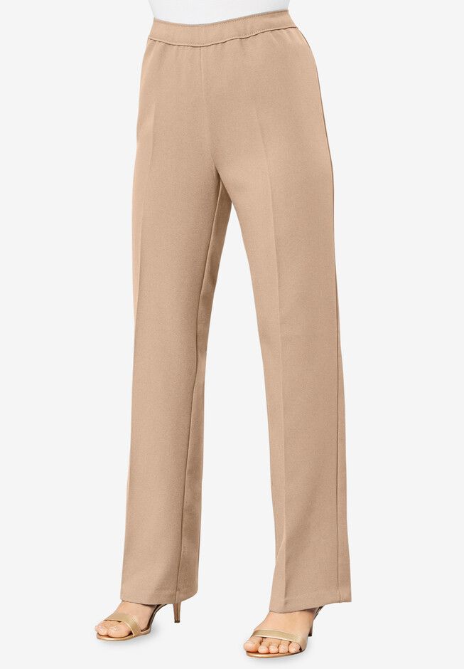 Classic Full Length Non-stretch Pants, High-waisted Wide Leg Pants With Comfort Waistband For Work, Classic Stretch Wide-leg Straight Pants, Classic Stretch Wide Leg Dress Pants, Elegant Wide Leg Pull-on Bottoms, Chic Stretch Straight Bottoms, Solid Straight Stretch Bottoms, Solid Color Straight Stretch Bottoms, Classic Bottoms With Comfort Waistband For Work