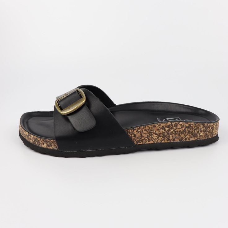 Single band footbed slide sandal with an adjustable buckle. Medium width. True to size. Slide Sandals, Buckle, Sandals, Band, Black