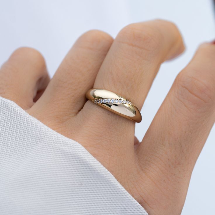 Beautiful dome ring featuring a pave stripe for a unique look!  - - - D E T A I L S - - - * Made of 925 Sterling Silver * We use a THICK plating of 14k Gold or Rhodium * Available in sizes 4-10 * Nickel-free & Hypoallergenic * 6mm Thick  * Made of highest grade cubic zirconia for an authentic diamond look! Comes in a cute gift box! Made with 100% Pure Love! ♡ Happy to answer any questions you may have! 🥰 Let's Connect! 🥰 IG: samijewels_ Gold Ring Price, Gold Dome Ring, Chunky Ring, Gold Statement Ring, Dome Ring, Etsy Gold Ring, Chunky Rings, Mom Jewelry, Platinum Metal