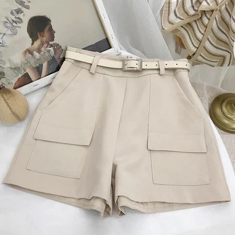 High Waist Big Pocket Office Shorts Pants – Nada Outfit Land Workwear Bottoms With Multiple Pockets, Short Length, Khaki High-waisted Shorts With Belt Loops, Khaki Pants With Belt Loops Short Length, Khaki Pants With Belt Loops And Short Length, Beige Summer Pants With Multiple Pockets, Beige Short Leg Pants With Pockets, Short Bottoms With Belt Loops, Beige Short Pants With Pockets, Beige Short Pants With Belt Loops