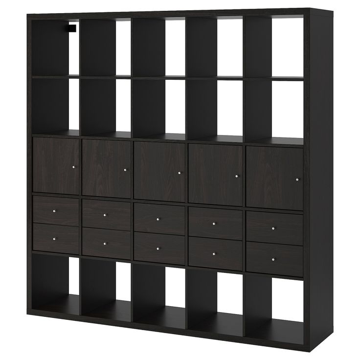 an open bookcase with many drawers and doors on each side, in dark wood