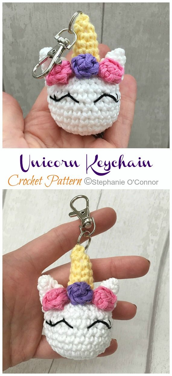 crochet unicorn keychain is shown in two different pictures, one with a horn