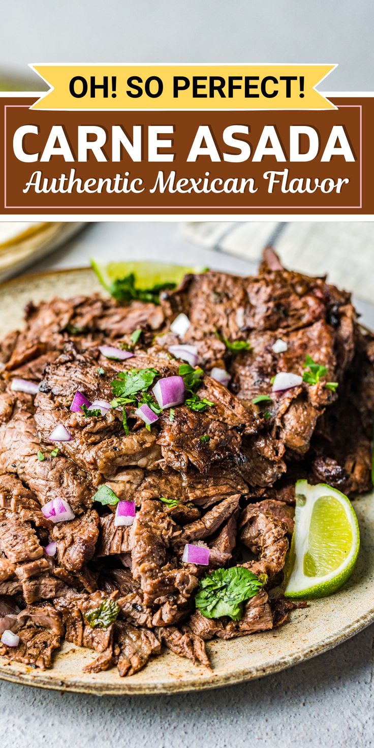 an image of carne asada on a plate with limes and cilantro