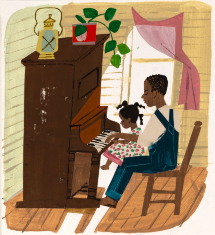 an illustration of a woman playing the piano with her daughter, who is sitting at it