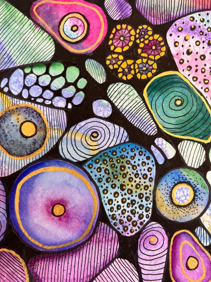 an abstract painting with lots of different colors and shapes on black paper, including circles