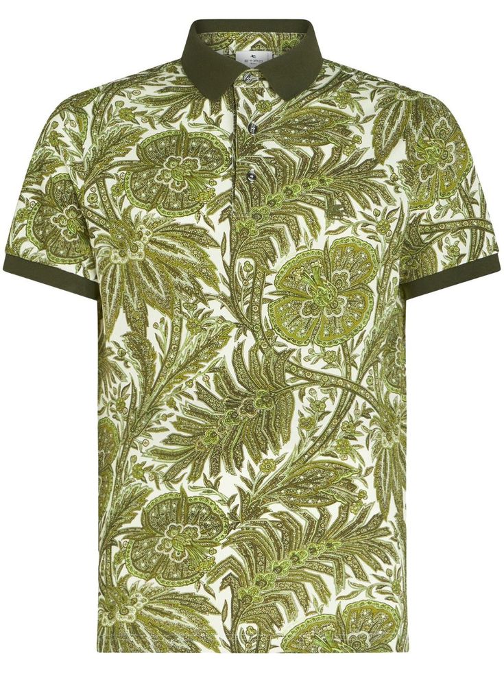 ETRO all-over graphic-print Polo Shirt - Farfetch Green Casual Polo Shirt For Spring, Printed Cotton Tops With Collared Neckline, Cotton Printed Tops With Collared Neckline, Cotton Top With Collared Neckline And Print, Printed Cotton Top With Collared Neckline, Graphic Print Polo Collar Top For Summer, Summer Graphic Print Top With Polo Collar, Green Short Sleeve Polo Shirt For Spring, Printed Cotton Tops With Polo Collar