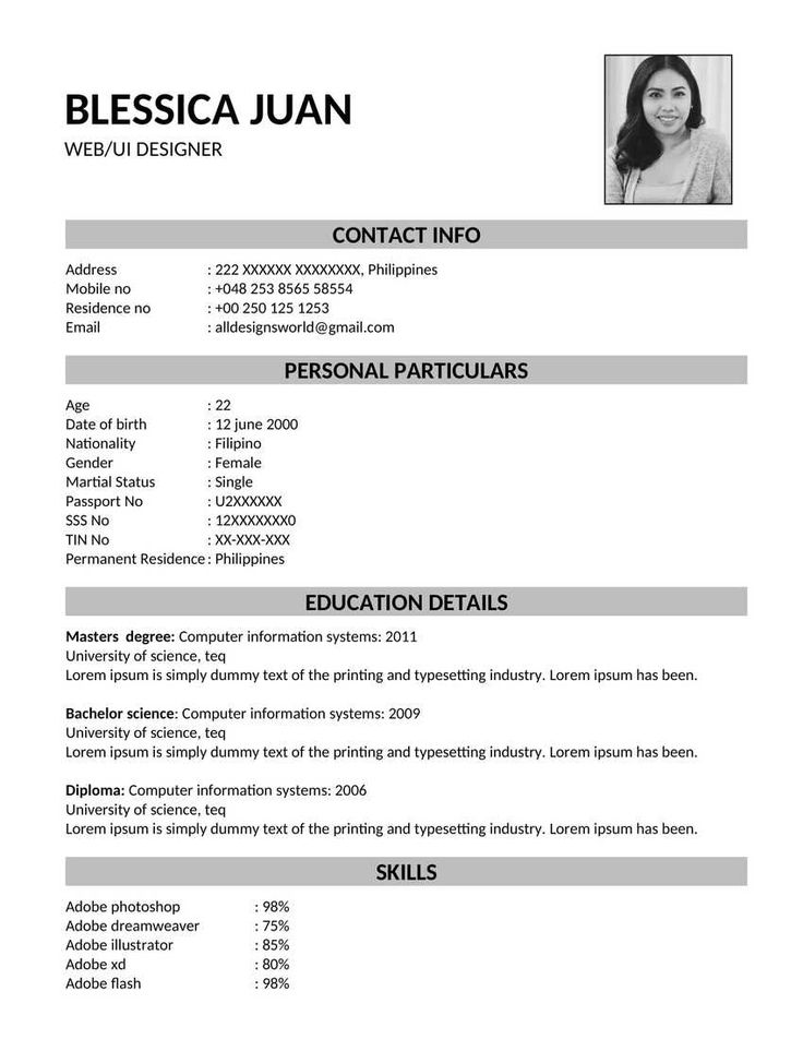 a professional resume with no work experience is shown in this image, it shows the name and