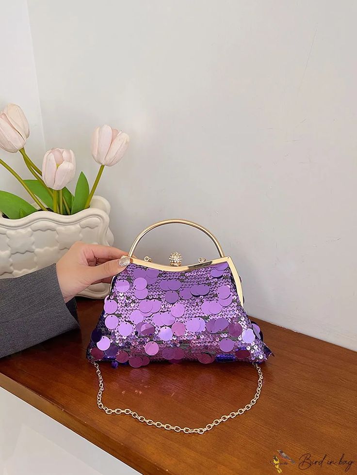 Bird in Bag - Sparkling Decorated Fashionable Evening Bag with Metallic Chain Purple Bag, Novelty Bags, Lilac Purple, Bird In Bag, Evening Bags, All Over Print, Lilac, Sparkle, Chain