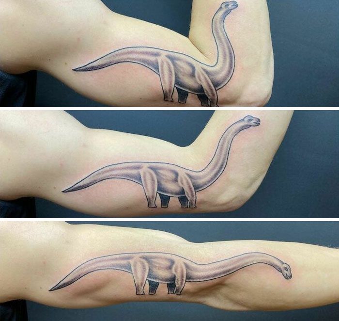 two pictures of an arm with a dinosaur tattoo on it