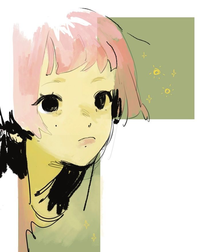 a drawing of a girl with pink hair