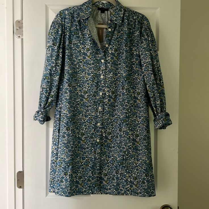 Nwt Size Small J Crew Liberty Print Dress Long Sleeve Button Front Button-up Cotton Floral Print Dress, Cotton Button-up Dress With Floral Print, Cotton Floral Print Button-up Dress, Blue Long Sleeve Dresses With Button Cuffs, Blue Collared Mini Dress With Button Closure, Blue Collared Dress With Button Closure, Blue Midi Dress With Button Closure For Fall, Blue Fall Dresses With Button Cuffs, Blue Dresses With Button Cuffs For Fall