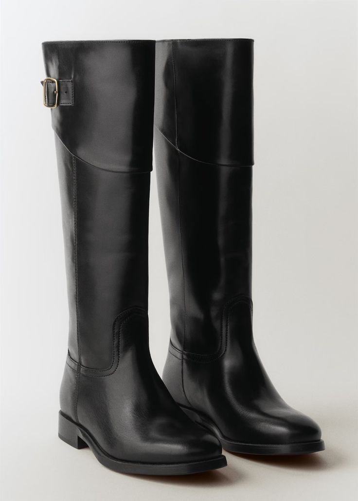 Buckles leather boots - Women | MANGO USA Leather Knee-high Boots With Wide Calf And Snip Toe, Classic Leather Boots Medium Width, Winter Moto Boots For Workwear, Classic Leather Knee-high Boots With Square Toe, Calf Leather Moto Boots With Reinforced Heel For Work, Classic Leather Mid-calf Boots With Wide Calf, Classic Leather Mid-calf Boots For Business, Leather Lined Mid-calf Boots For Workwear, Classic Wide Calf Leather Mid-calf Boots