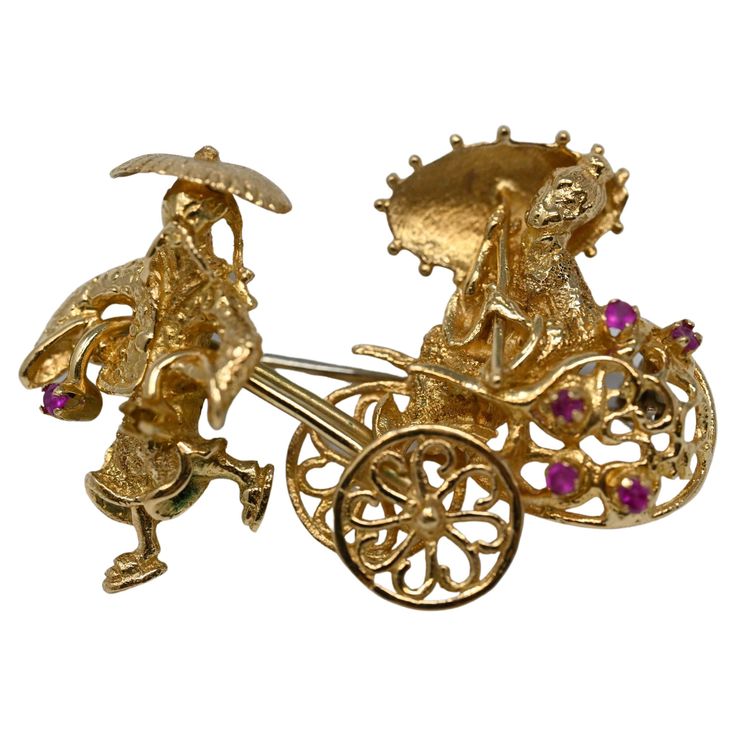 18k yellow gold brooch Rickshaw design with four rubies. Stamped on the back 750 and maker 39AL. Measures 31 x 42 mm, in excellent condition 12 grams. Traditional Yellow Gold Collectible Brooch, Traditional Yellow Gold Brooches For Formal Occasions, Traditional Gold Brooch For Anniversary, Traditional Gold Brooches For Anniversary, Traditional Yellow Gold Formal Brooches, Traditional Yellow Gold Brooches As Gifts, Royal Indian, Gold Brooch, Diamond Brooch