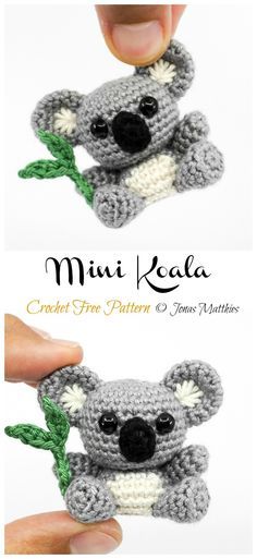 a crocheted koala is holding onto a green leaf with the caption, mini koala crochet free pattern