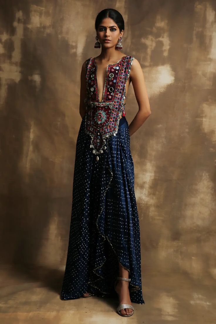 Traditional Blue Dress With Geometric Embroidery, Blue Embroidered Maxi Traditional Wear, Blue Bohemian Traditional Wear With Motifs, Blue Bohemian Kurta For Transitional Season, Bohemian Traditional Wear With Resham Embroidery In Maxi Length, Bohemian Blue Chanderi Choli, Bohemian Floor-length Traditional Wear With Resham Embroidery, Bohemian Chanderi Choli In Blue, Blue Bohemian Traditional Wear For Festive Season