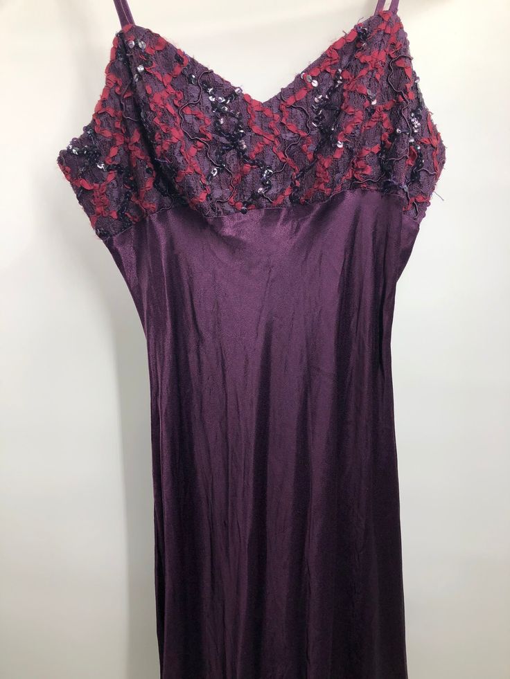 Vintage 1980's does 1930's deep plum purple slip dress. Crepe satin skirt with lace netting, ribbon, sequin and soutache bodice. Spaghetti straps. Zips up the back with hook and eye closure at top. Unstructured bodice. Bias cut with beautiful movement in the hem. Not lined. Made by De-Laru. Made in the USA. Dry clean only. Good vintage condition, some wear to the lace netting that's created a little pilling there. Otherwise no major issues. Purple Slip Dress, Vintage Lace Dress, Skirt With Lace, Dress With Sequins, Lace Dress Vintage, Deep Plum, Satin Slip, Dyed Dress, Satin Slip Dress