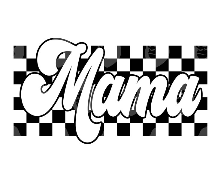 the word mama in black and white with checkered background