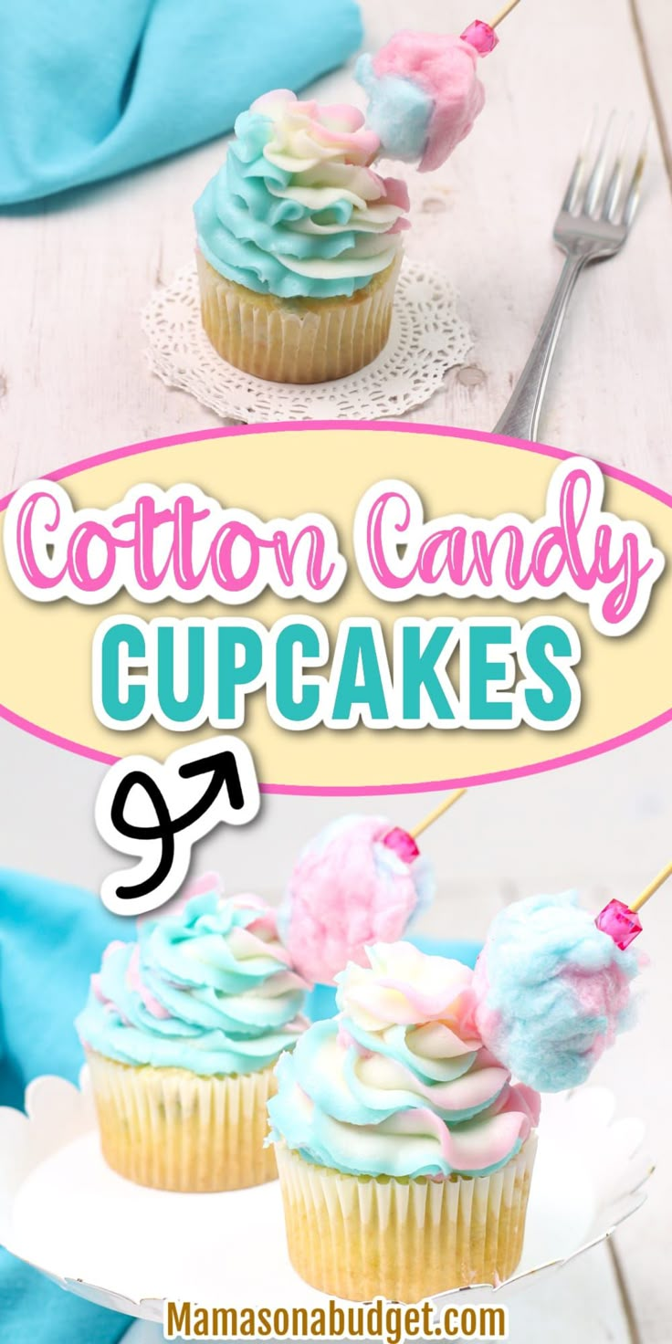 cotton candy cupcakes with blue frosting and sprinkles on top