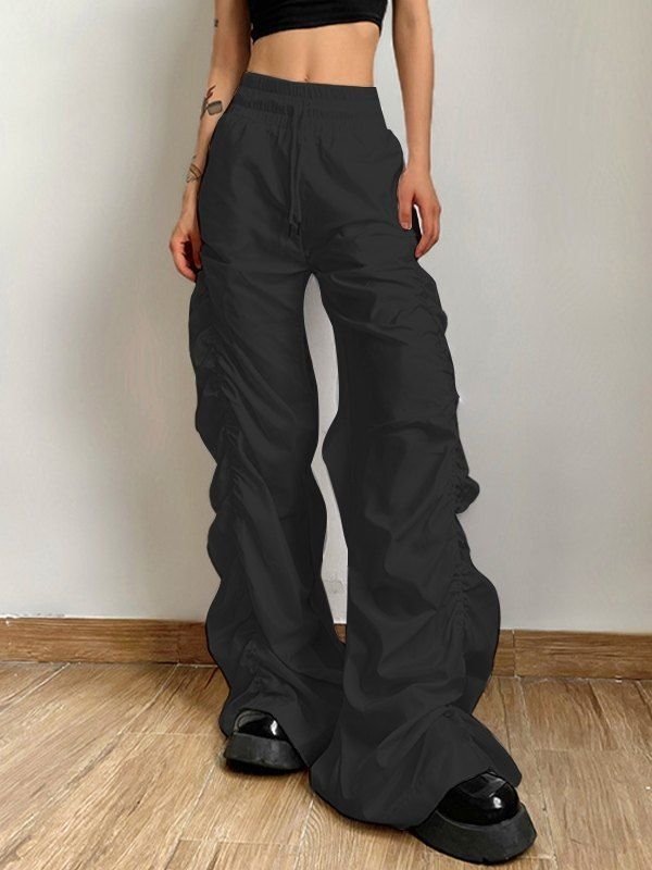 Ruched High Rise Parachute Pants Baggy Wide Leg Pants With Drawstring, Casual Summer Bottoms With Ruched Sides, Spring Wide Leg Pants With Gathered Waist, Chic High-waisted Pants With Drawstring, Non-stretch Full Length Drawstring Bottoms, Stretch Wide Leg Cargo Pants With Drawstring, Relaxed Fit Wide Leg Pants With Gathered Waist, Full Length Pants With Drawstring, Full Length Wide Leg Pants With Drawstring For Fall