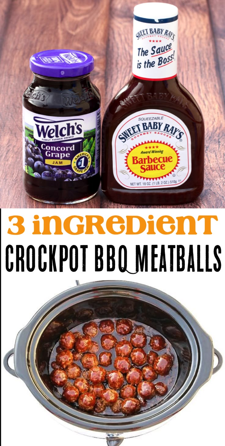 the ingredients for crockpot bbq meatballs are shown in this collage