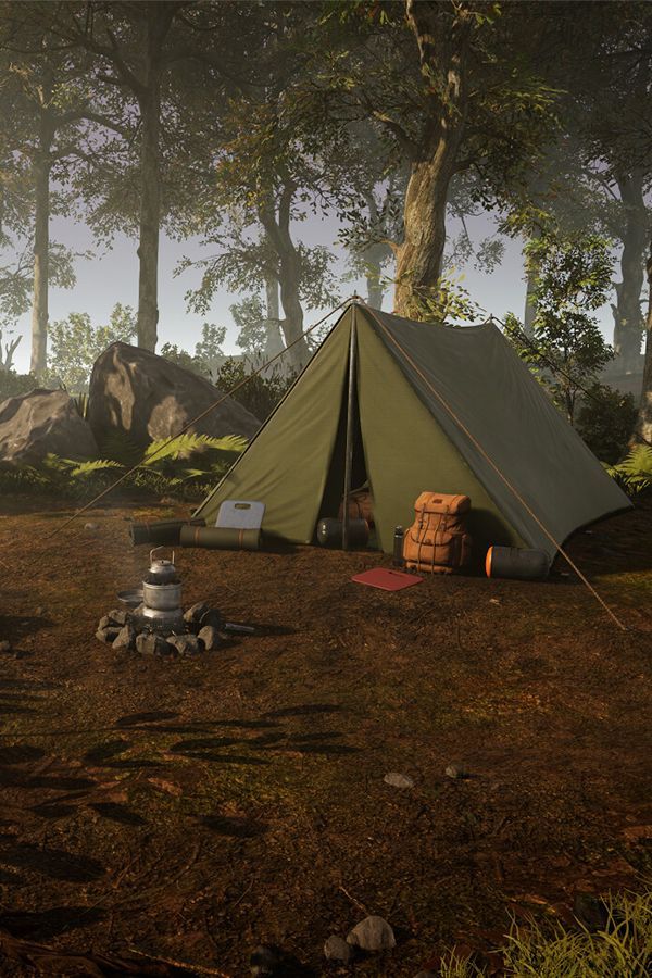 a tent pitched up in the middle of a forest next to a fire hydrant