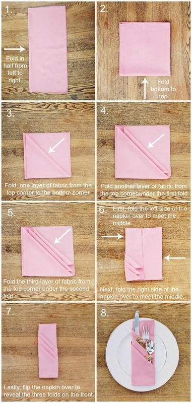 instructions to fold napkins on top of each other, with pictures showing how they are folded