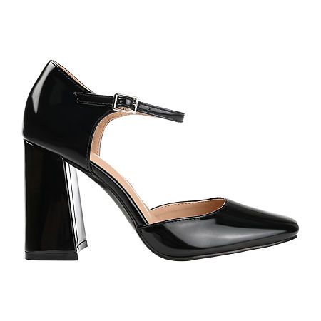 Add some vintage flair to your wardrobe with the Hesster heels by Journee Collection. This darling D'orsay is grounded by a covered block heel and a padded insole for a comfortable lift. A slim ankle strap, glossy patent vegan leather, and a soft square toe finish this exquisite look.Closure Type: BuckleShoe Heel Height: 3 1/2 InchesUpper/Outer Base Material: 100% PolyuretheneShoe Lining Material: PolyurethaneSole Material Content: 100% PolyurethaneToe Type: Square Toe, Closed ToeCare: Spot Cle… Block Heel Pumps, Black Pumps Heels, Shoes Pumps, Journee Collection, Heel Pumps, Pump Shoes, Pumps Heels, Block Heels, Ankle Strap